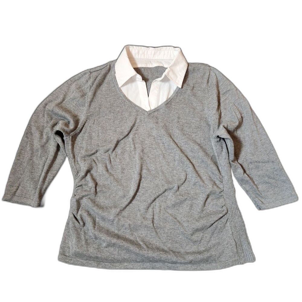 Notations Gray Layered Look Sweater White Collar Medium